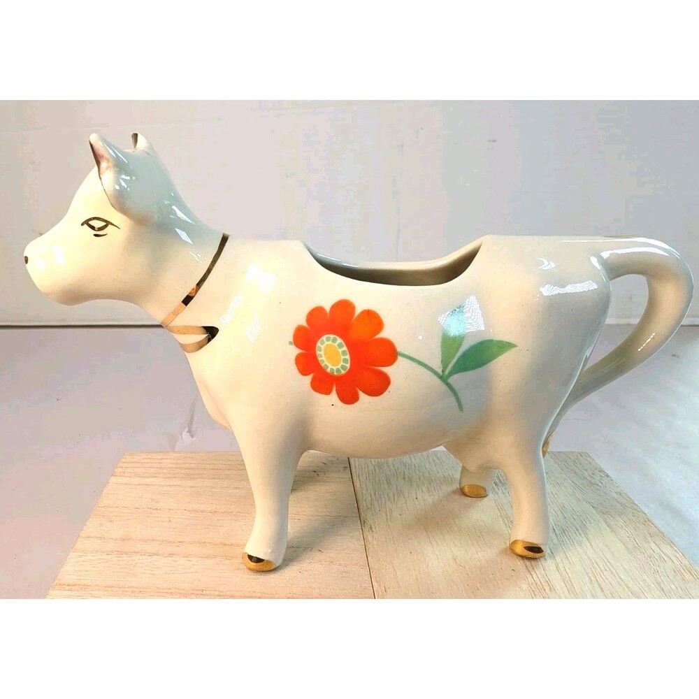 Vintage Ceramic Porcelain White Cow Creamer with floral Orange Daisy Gold Trim